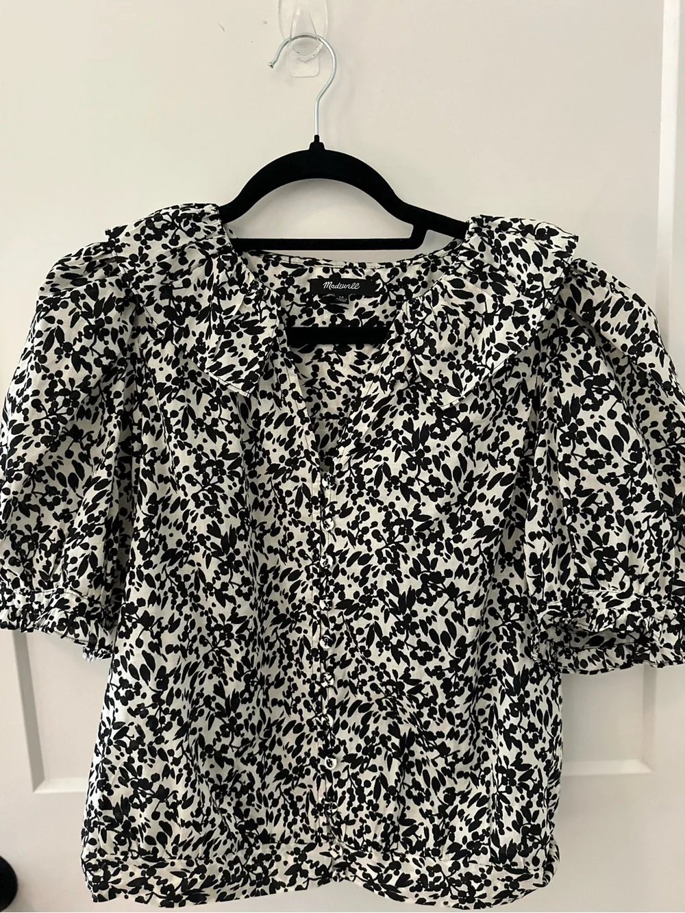 Madewell Black & White Floral Puff-Sleeve Ruffled Blouse Peter Pan Collar - M